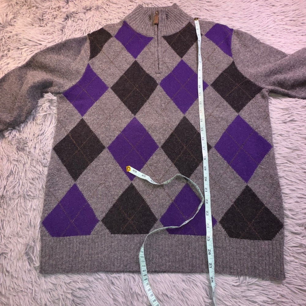 J.Crew Mens Large Lambswool Argyle Quarter Zip Sweater Elbow Patches Gray Purple - Picture 6 of 10